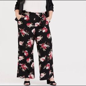 Black Floral Crepe Self Tie Wide Leg Pant 3X